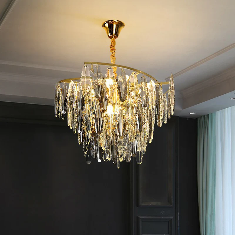 Lustre postmoderne en forme de feuille, cristal gris fumé, suspension de salon à 10 lumières Clearhalo