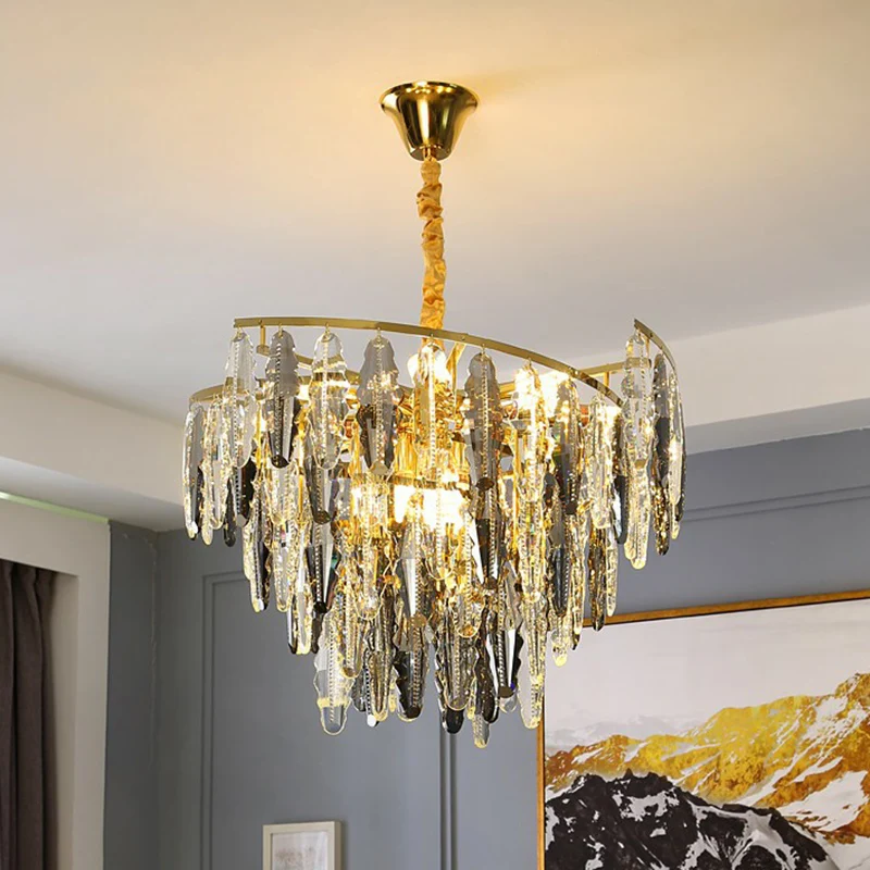 Lustre postmoderne en forme de feuille, cristal gris fumé, suspension de salon à 10 lumières Clearhalo