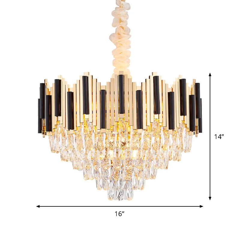Lustre à prisme en cristal à 6 lumières, lampe à suspension moderne à cône noir-or pour salon Clearhalo