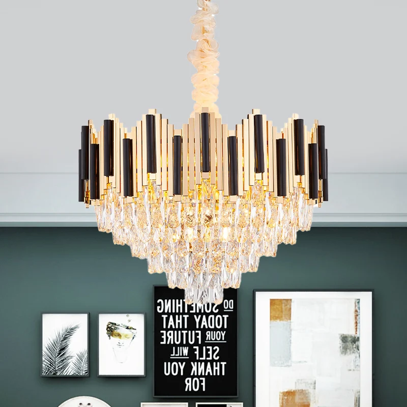 Lustre à prisme en cristal à 6 lumières, lampe à suspension moderne à cône noir-or pour salon Clearhalo