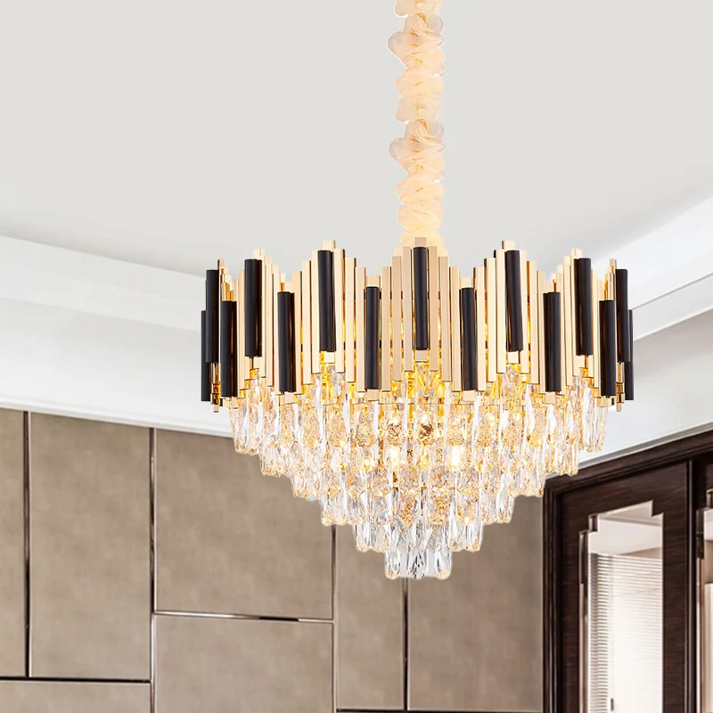Lustre à prisme en cristal à 6 lumières, lampe à suspension moderne à cône noir-or pour salon Clearhalo