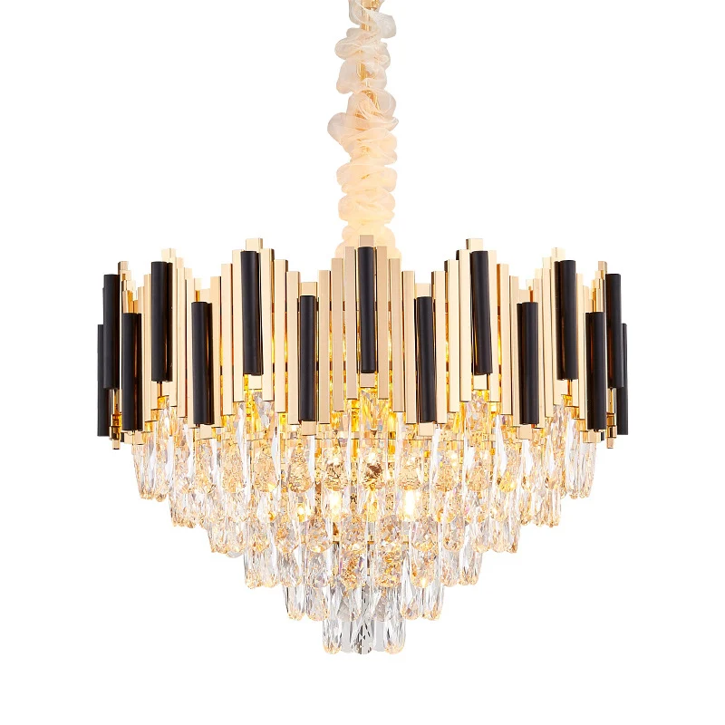 Lustre à prisme en cristal à 6 lumières, lampe à suspension moderne à cône noir-or pour salon Clearhalo