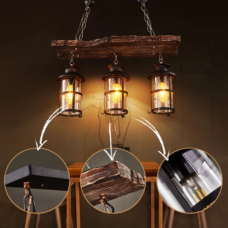 Lustre rectangulaire en bois, luminaire suspendu au plafond, pour Bar industriel, noir Clearhalo