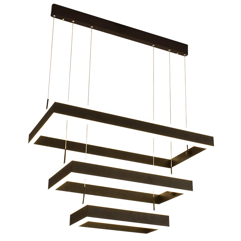 Lustre rectangulaire minimaliste à plusieurs niveaux, éclairage suspendu LED en acrylique pour salon, noir Clearhalo