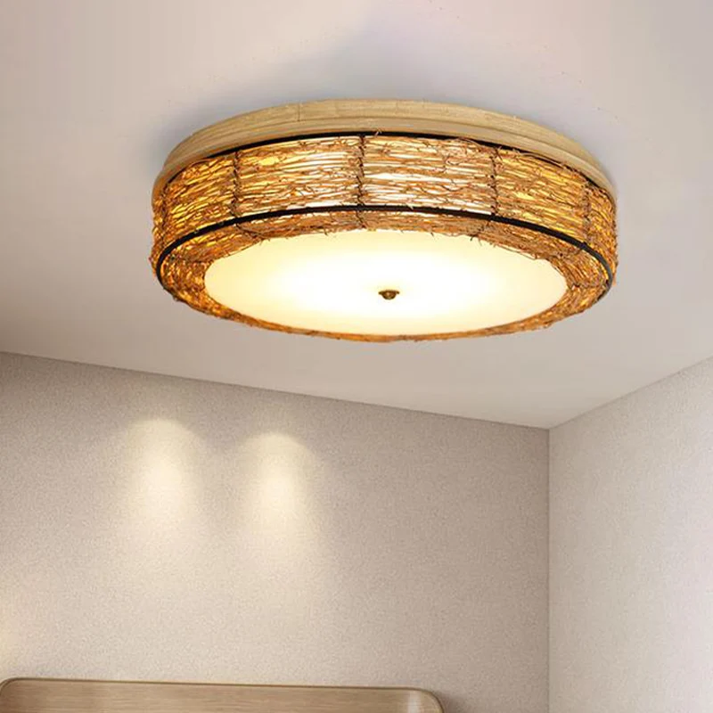 Lustre rond encastré traditionnel en rotin de 12,5"/16,5" de large à 5 ampoules en bois Clearhalo