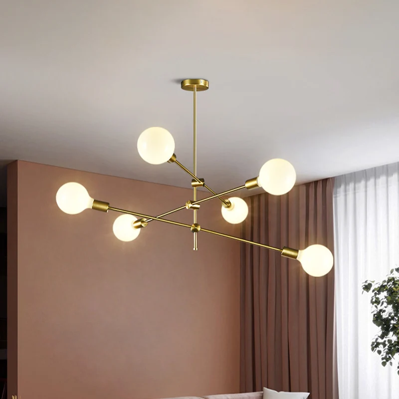 Lustre rotatif à 3 bras minimaliste, boule blanche en verre, 6 ampoules, suspension dorée Clearhalo