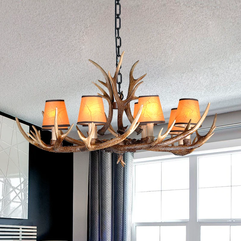 Lustre en résine à 4/6/8 lumières, lampe suspendue avec abat-jour en tissu, cône marron pour salle à manger Clearhalo