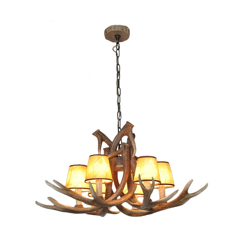 Lustre en résine blanc/marron et jaune, éclairage en bois de cerf, lampe à suspension traditionnelle à 6 lumières pour sal...