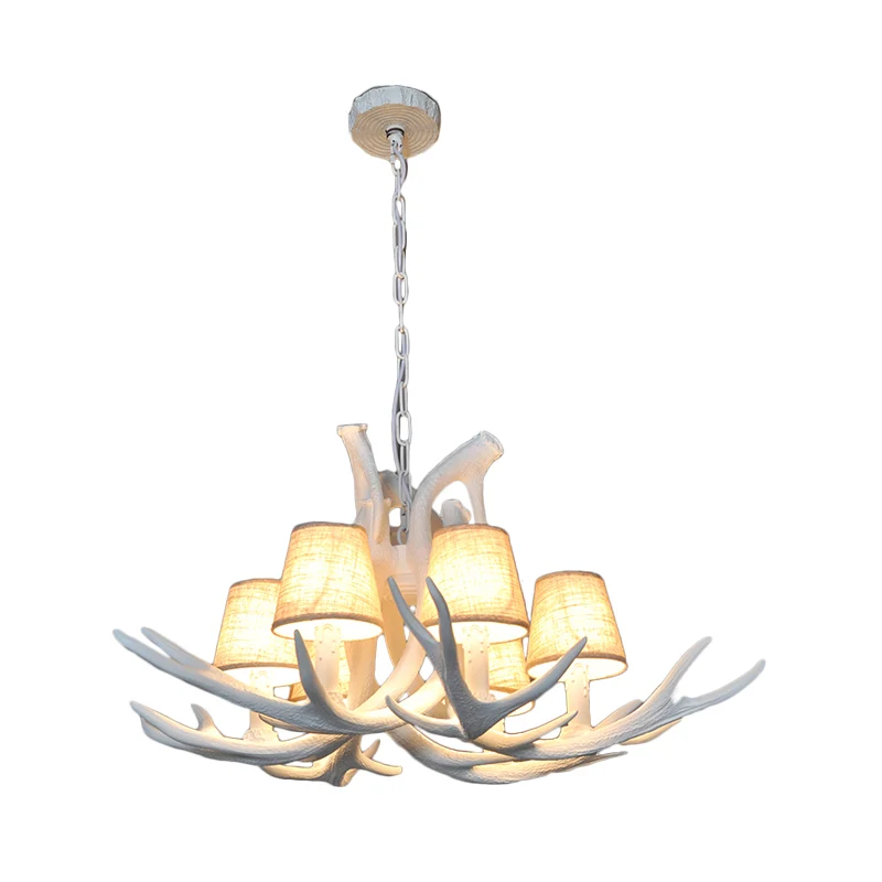 Lustre en résine blanc/marron et jaune, éclairage en bois de cerf, lampe à suspension traditionnelle à 6 lumières pour sal...