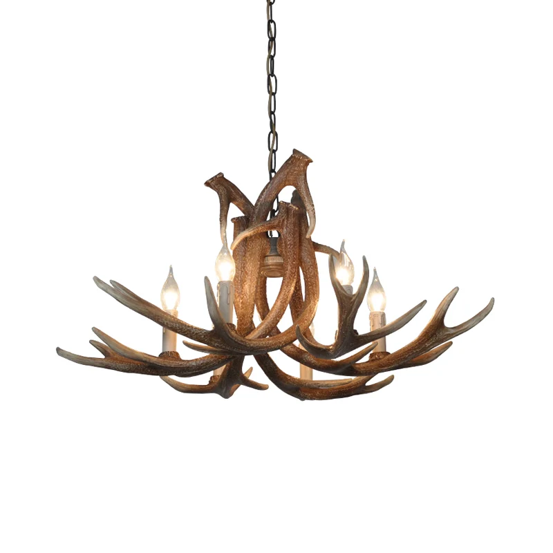Lustre en résine blanc/marron et jaune, éclairage en bois de cerf, lampe à suspension traditionnelle à 6 lumières pour sal...