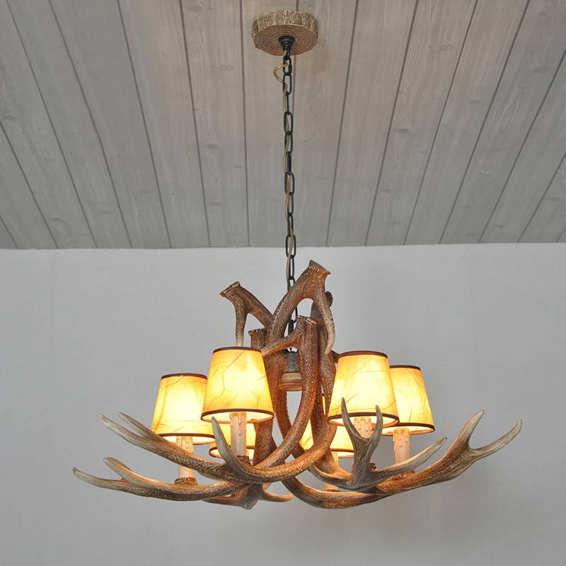 Lustre en résine blanc/marron et jaune, éclairage en bois de cerf, lampe à suspension traditionnelle à 6 lumières pour sal...