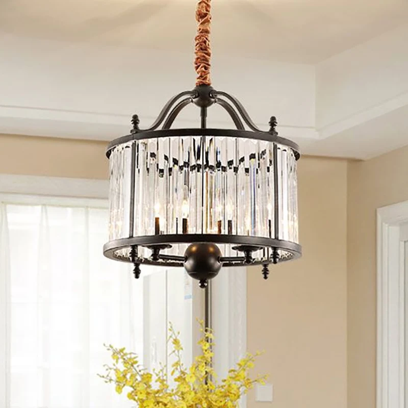 Lustre rustique à prisme en cristal cylindrique, 3/5 lumières, plafonnier suspendu pour salle à manger en noir Clearhalo