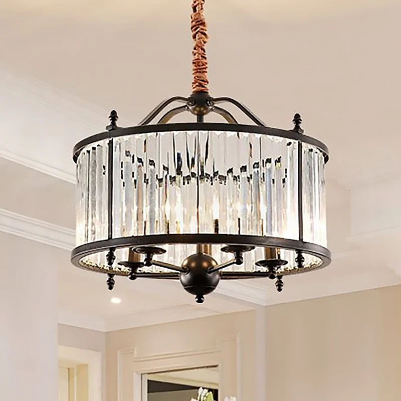 Lustre rustique à prisme en cristal cylindrique, 3/5 lumières, plafonnier suspendu pour salle à manger en noir Clearhalo