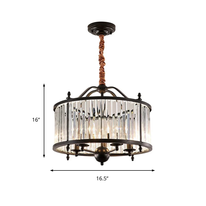 Lustre rustique à prisme en cristal cylindrique, 3/5 lumières, plafonnier suspendu pour salle à manger en noir Clearhalo