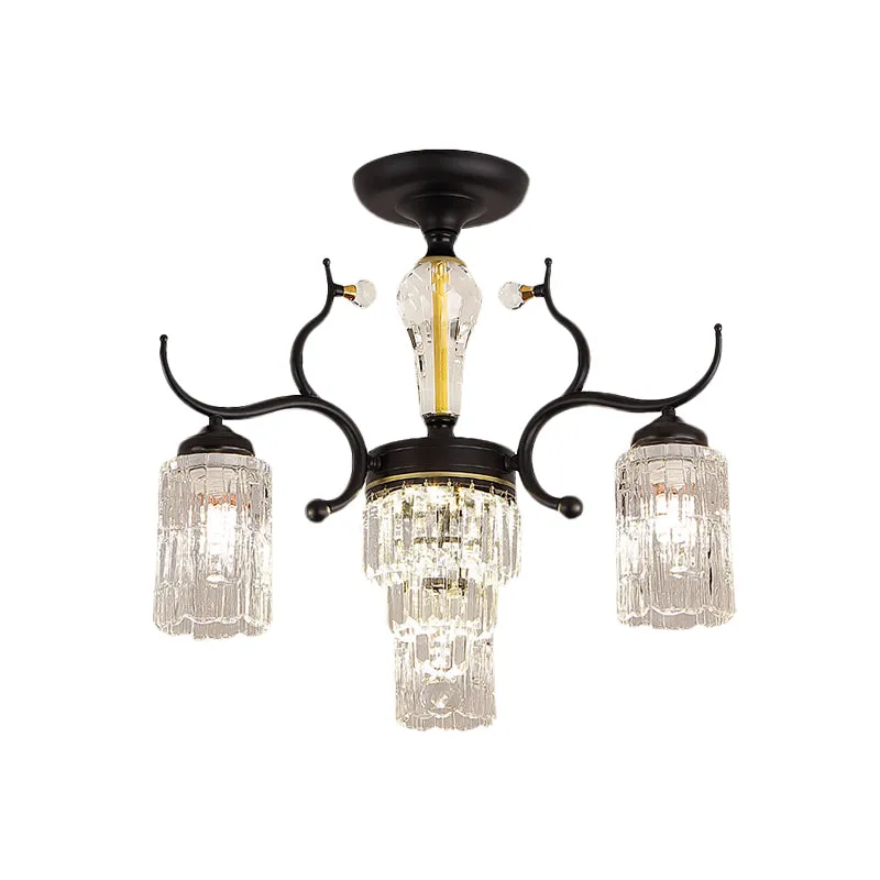 Lustre semi-affleurant cylindrique pour chambre à coucher, cristal contemporain, 3/6 têtes, lampe de plafond noire Clearhalo