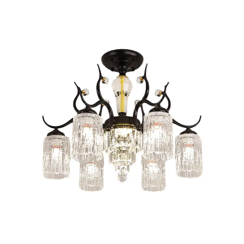 Lustre semi-affleurant cylindrique pour chambre à coucher, cristal contemporain, 3/6 têtes, lampe de plafond noire Clearhalo