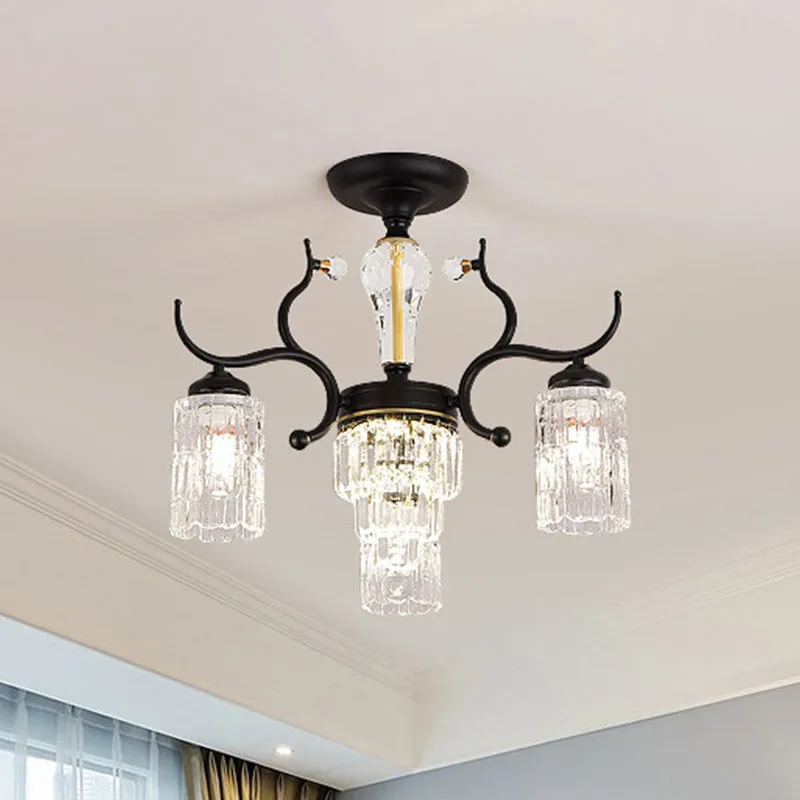 Lustre semi-affleurant cylindrique pour chambre à coucher, cristal contemporain, 3/6 têtes, lampe de plafond noire Clearhalo