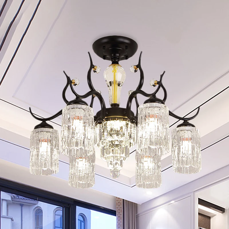 Lustre semi-affleurant cylindrique pour chambre à coucher, cristal contemporain, 3/6 têtes, lampe de plafond noire Clearhalo