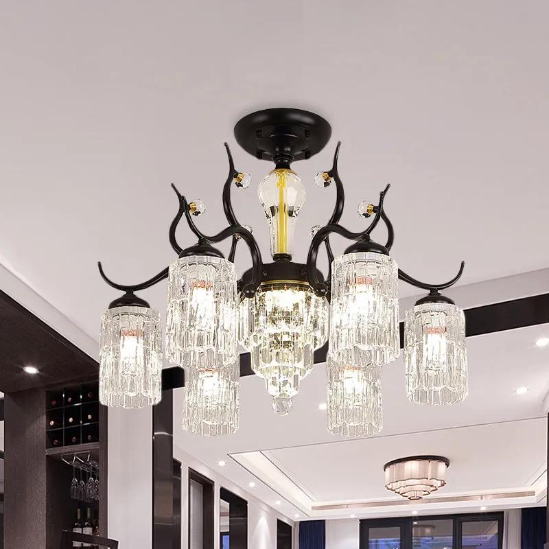 Lustre semi-affleurant cylindrique pour chambre à coucher, cristal contemporain, 3/6 têtes, lampe de plafond noire Clearhalo