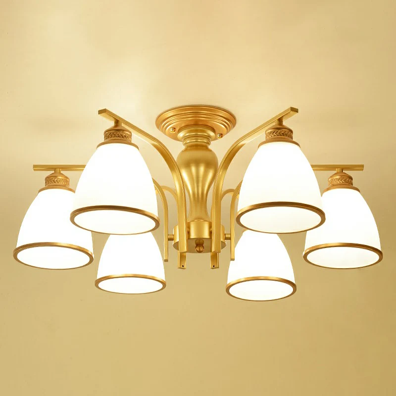Lustre semi-affleurant en forme de cloche, finition dorée, luminaire traditionnel en verre opale pour chambre à coucher, m...