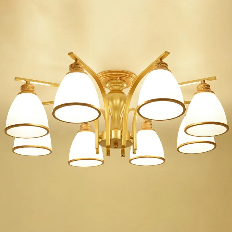 Lustre semi-affleurant en forme de cloche, finition dorée, luminaire traditionnel en verre opale pour chambre à coucher, m...