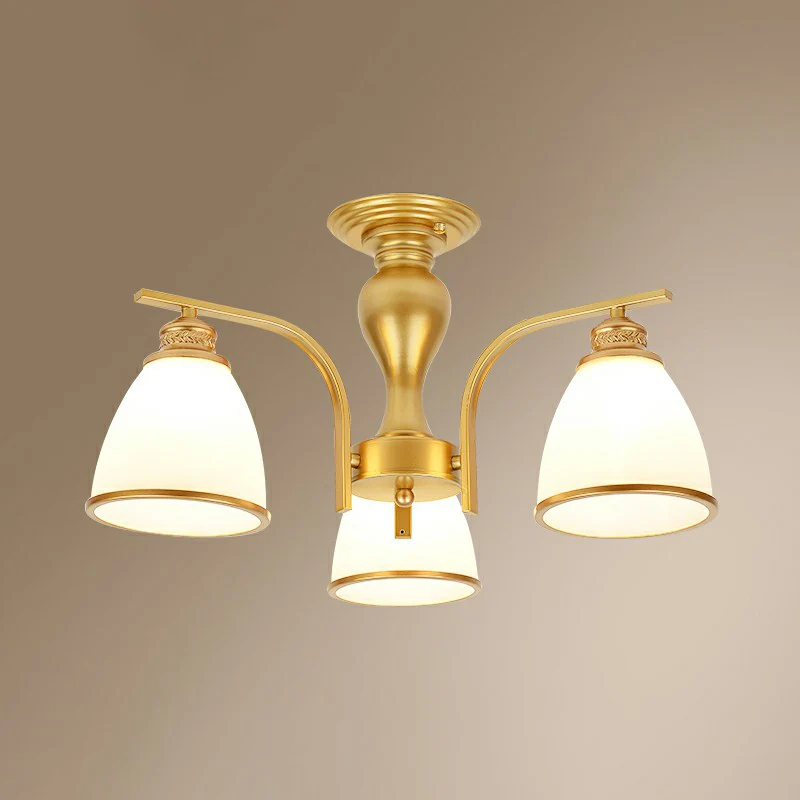 Lustre semi-affleurant en forme de cloche, finition dorée, luminaire traditionnel en verre opale pour chambre à coucher, m...