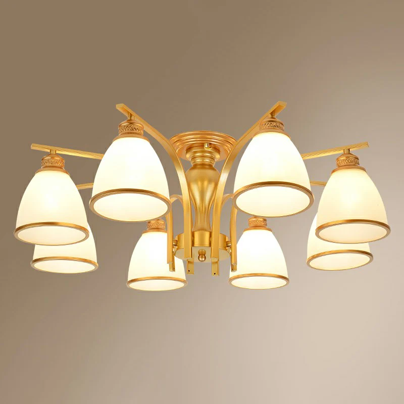 Lustre semi-affleurant en forme de cloche, finition dorée, luminaire traditionnel en verre opale pour chambre à coucher, m...