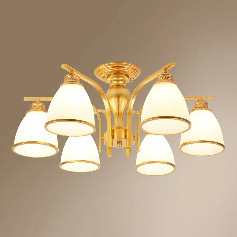Lustre semi-affleurant en forme de cloche, finition dorée, luminaire traditionnel en verre opale pour chambre à coucher, m...