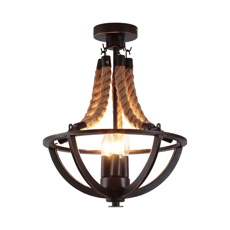 Lustre semi-encastré en fer noir, cage à dôme, plafonnier à 3 ampoules avec cordon de corde Clearhalo