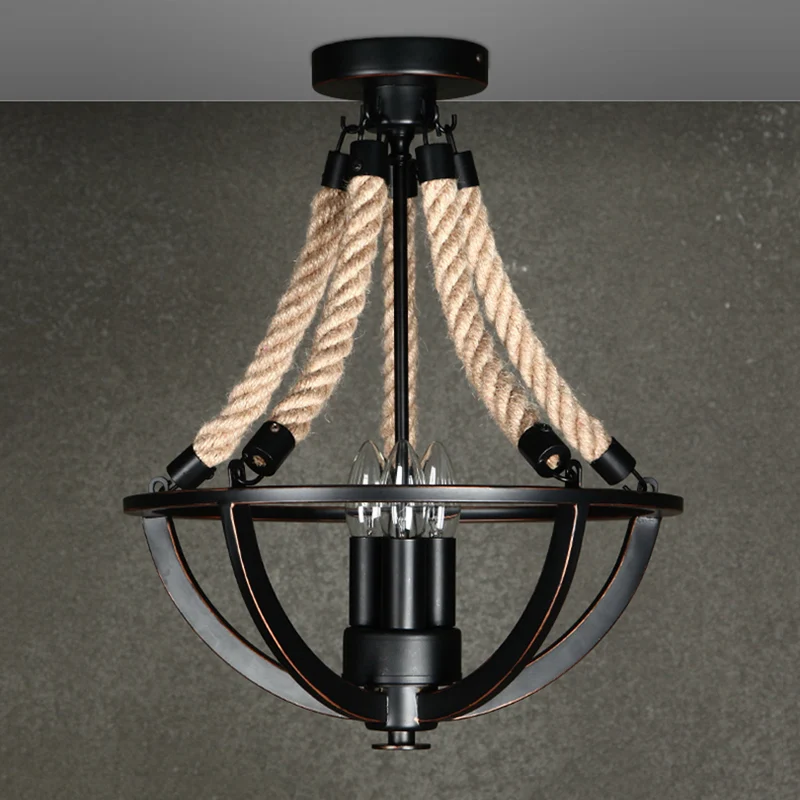 Lustre semi-encastré en fer noir, cage à dôme, plafonnier à 3 ampoules avec cordon de corde Clearhalo