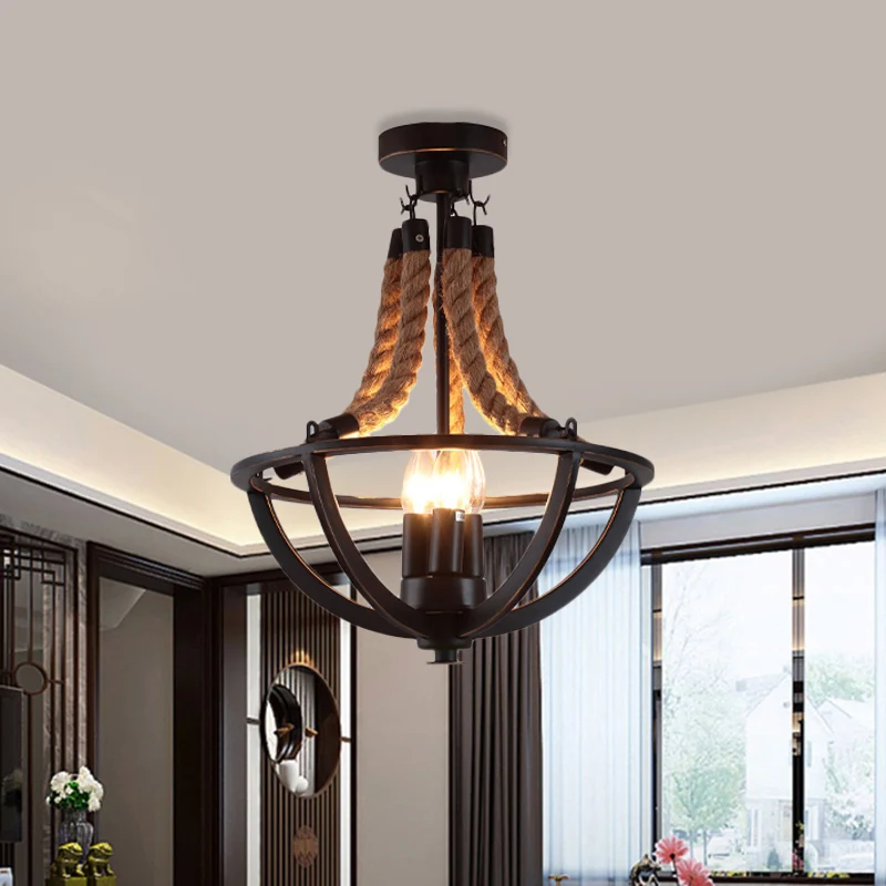 Lustre semi-encastré en fer noir, cage à dôme, plafonnier à 3 ampoules avec cordon de corde Clearhalo