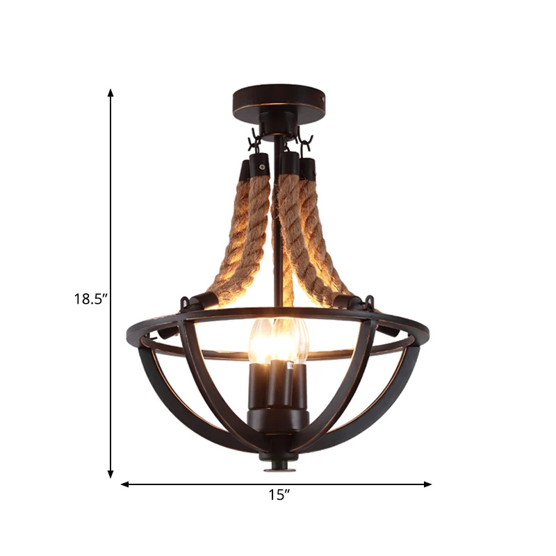 Lustre semi-encastré en fer noir, cage à dôme, plafonnier à 3 ampoules avec cordon de corde Clearhalo