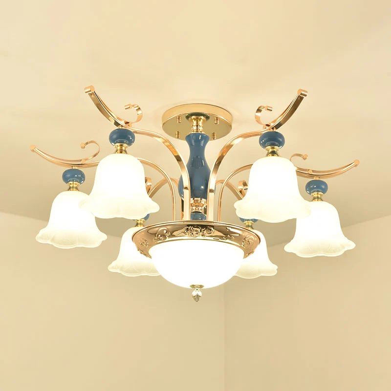Lustre semi-encastré métallique traditionnel en forme de bol à 6 ampoules pour chambre à coucher avec abat-jour en verre b...