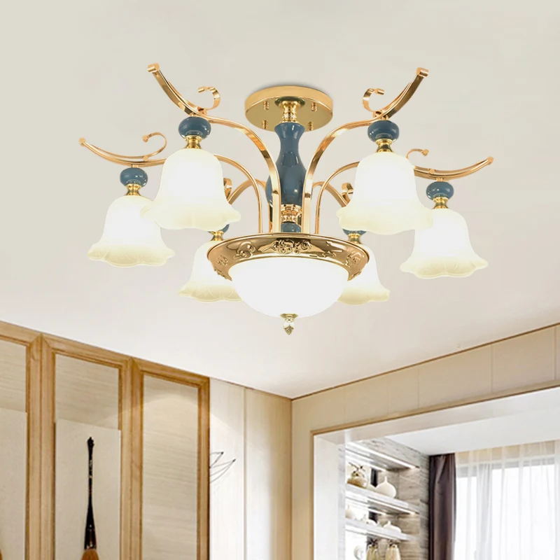 Lustre semi-encastré métallique traditionnel en forme de bol à 6 ampoules pour chambre à coucher avec abat-jour en verre b...