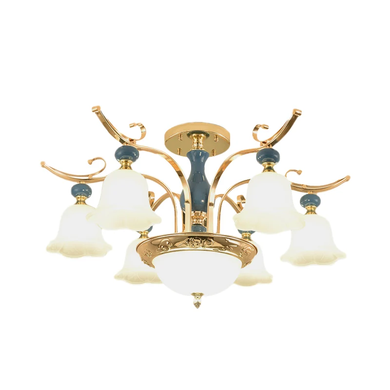 Lustre semi-encastré métallique traditionnel en forme de bol à 6 ampoules pour chambre à coucher avec abat-jour en verre b...
