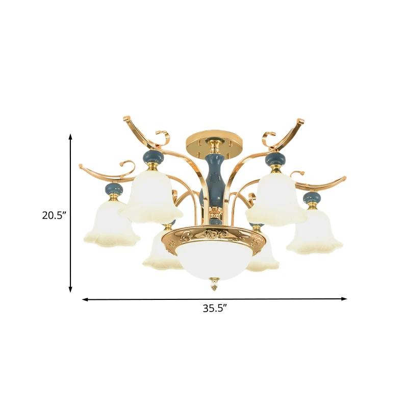 Lustre semi-encastré métallique traditionnel en forme de bol à 6 ampoules pour chambre à coucher avec abat-jour en verre b...