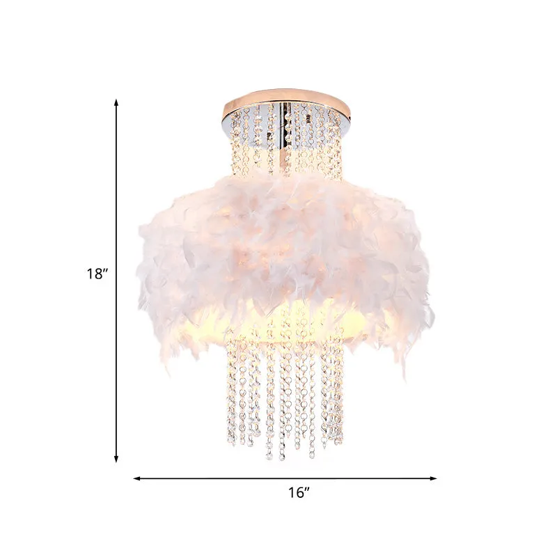Lustre semi-encastré à tambour moelleux en plumes, style moderne, 4 ampoules, plafonnier de chambre à coucher avec chaîne...