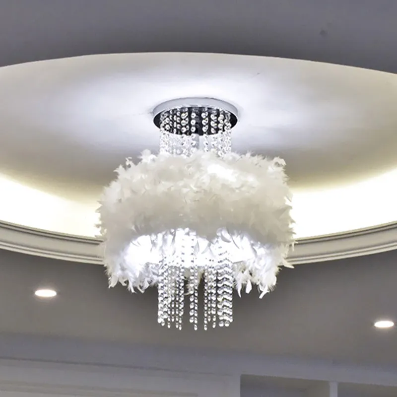 Lustre semi-encastré à tambour moelleux en plumes, style moderne, 4 ampoules, plafonnier de chambre à coucher avec chaîne...