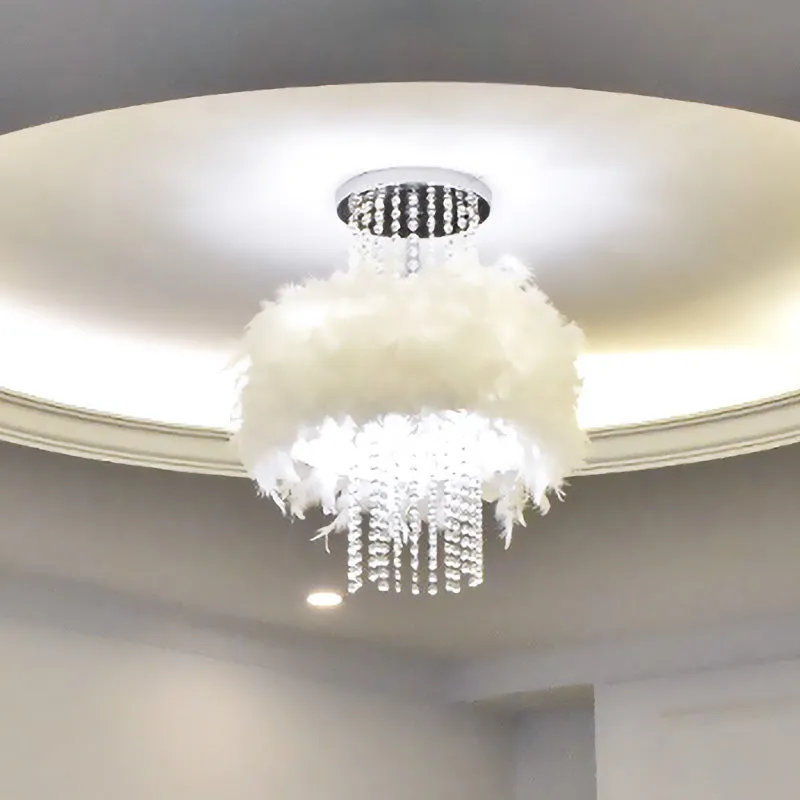 Lustre semi-encastré à tambour moelleux en plumes, style moderne, 4 ampoules, plafonnier de chambre à coucher avec chaîne...
