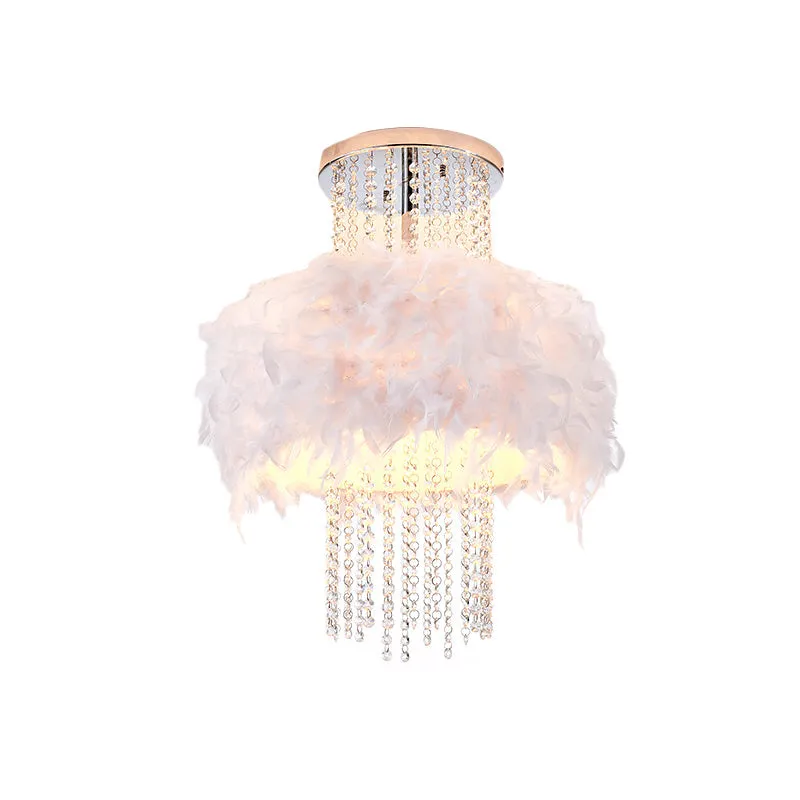 Lustre semi-encastré à tambour moelleux en plumes, style moderne, 4 ampoules, plafonnier de chambre à coucher avec chaîne...