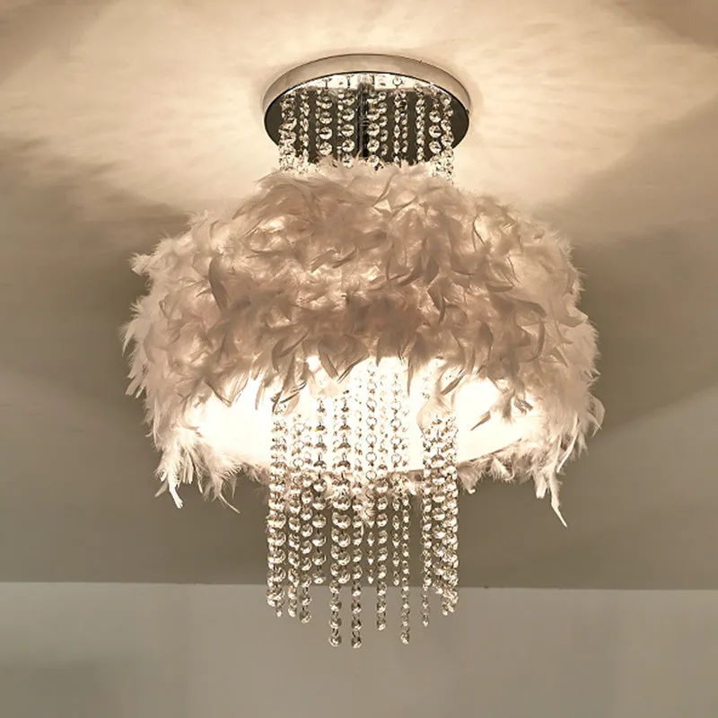 Lustre semi-encastré à tambour moelleux en plumes, style moderne, 4 ampoules, plafonnier de chambre à coucher avec chaîne...