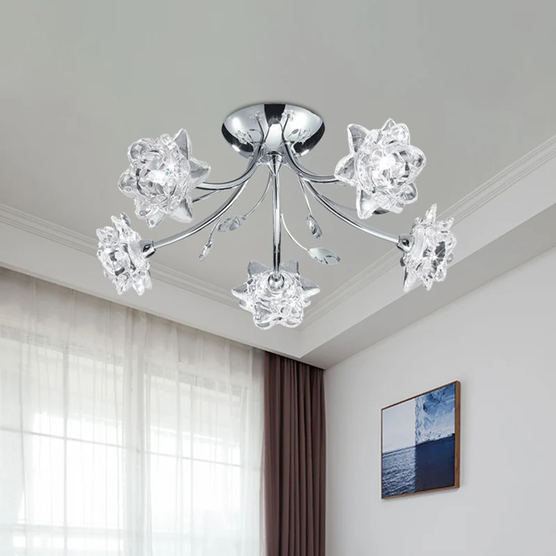 Lustre semi-encastré à 5 têtes en chrome poli, moderne et élégant, en cristal, à montage au plafond, en forme de fleur Cle...