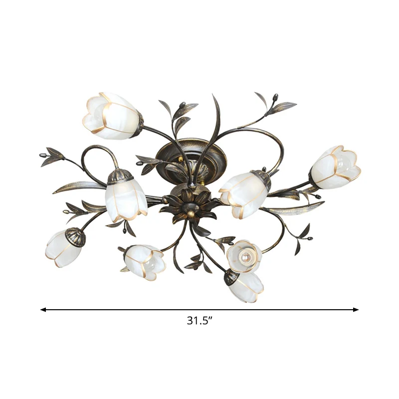 Lustre semi-encastré en verre crème rural pour chambre à coucher, 4/8/12 lumières, laiton antique, fleur vigne Clearhalo