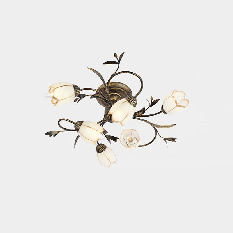 Lustre semi-encastré en verre crème rural pour chambre à coucher, 4/8/12 lumières, laiton antique, fleur vigne Clearhalo
