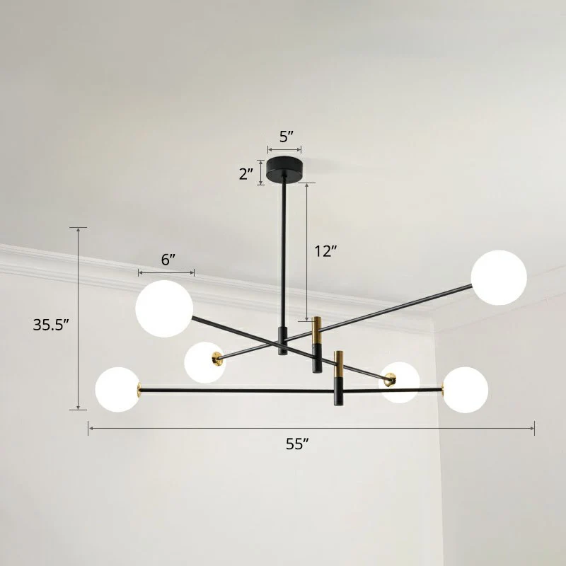 Lustre de simplicité en verre opalin à suspension radiale pour salon, noir Clearhalo