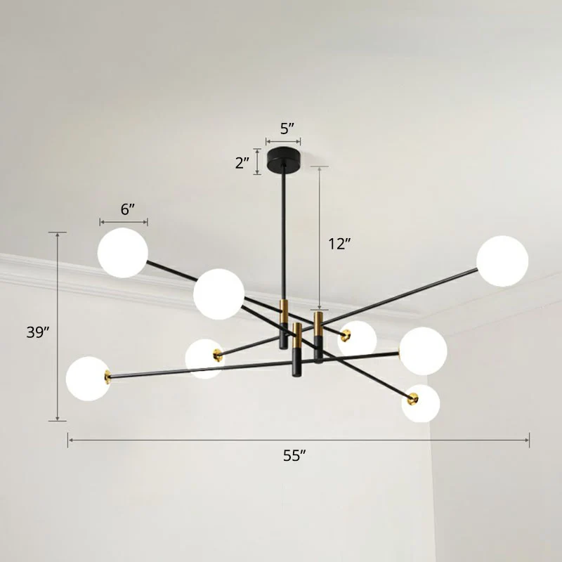 Lustre de simplicité en verre opalin à suspension radiale pour salon, noir Clearhalo