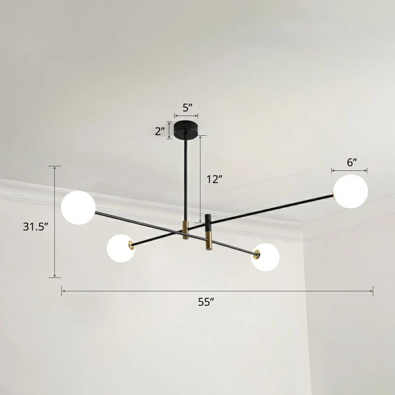 Lustre de simplicité en verre opalin à suspension radiale pour salon, noir Clearhalo