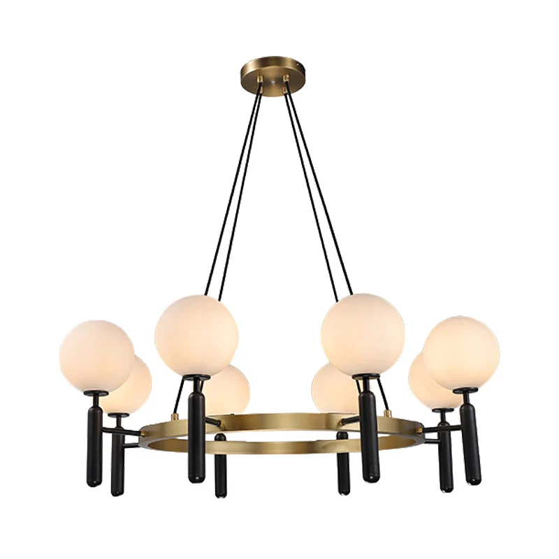 Lustre sphérique d'éclairage au Design circulaire, moderne, en verre blanc, 8 lumières, luminaire suspendu noir Clearhalo