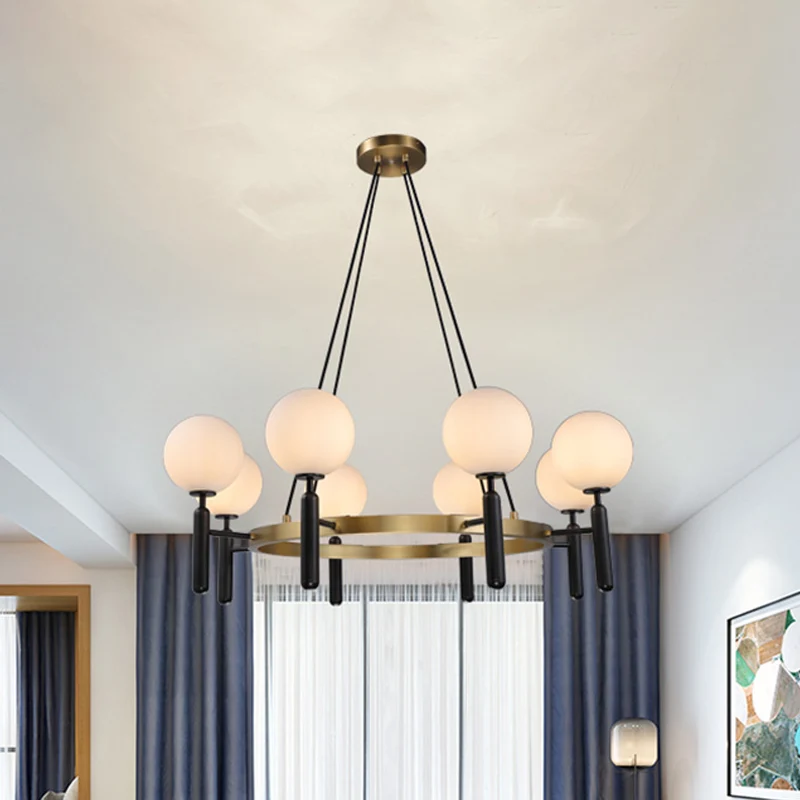 Lustre sphérique d'éclairage au Design circulaire, moderne, en verre blanc, 8 lumières, luminaire suspendu noir Clearhalo