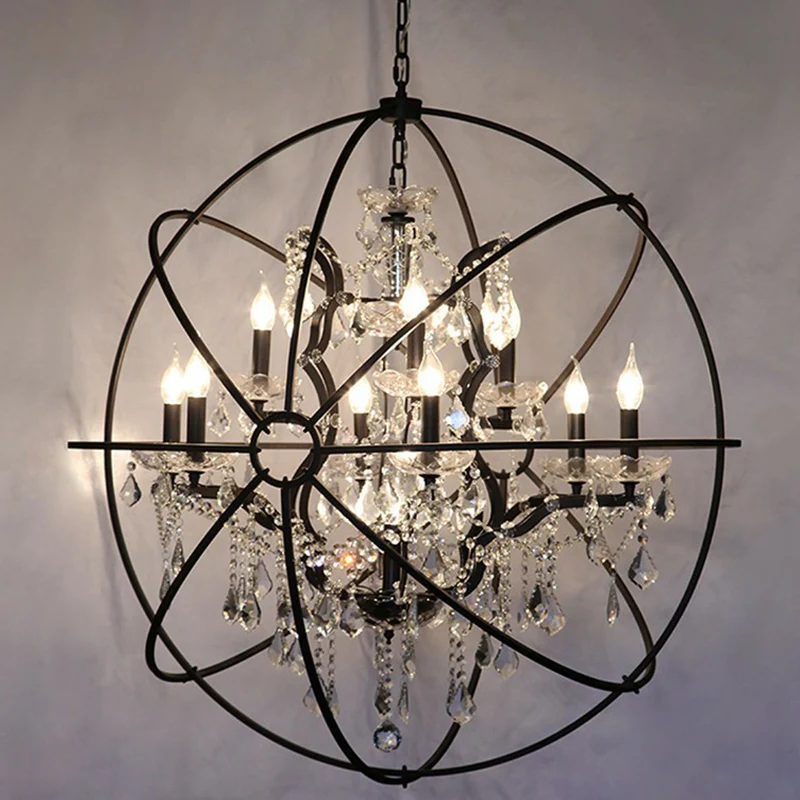 Lustre sphérique noir, lampe suspendue rustique en métal noir avec décorations en cristal Clearhalo